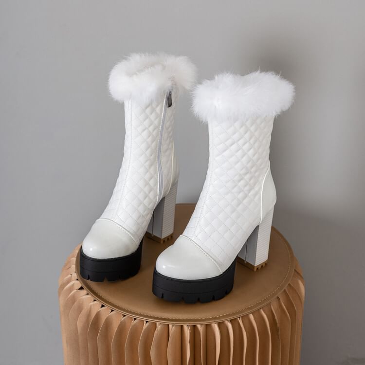 Trim Quilted Furry Heel Block Short Boots