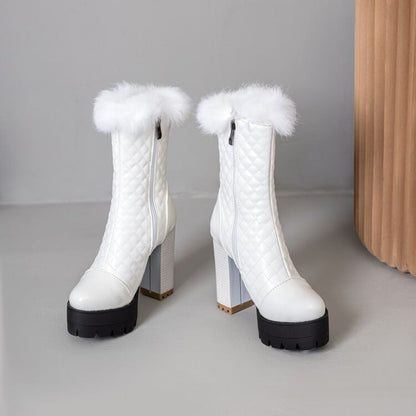 Trim Quilted Furry Heel Block Short Boots