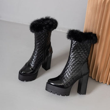 Trim Quilted Furry Heel Block Short Boots
