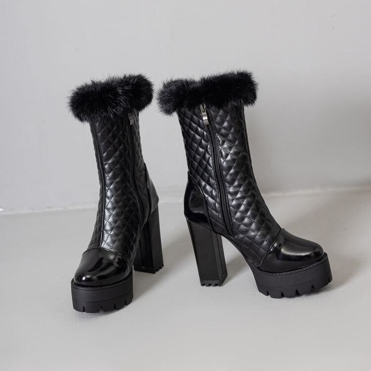 Trim Quilted Furry Heel Block Short Boots
