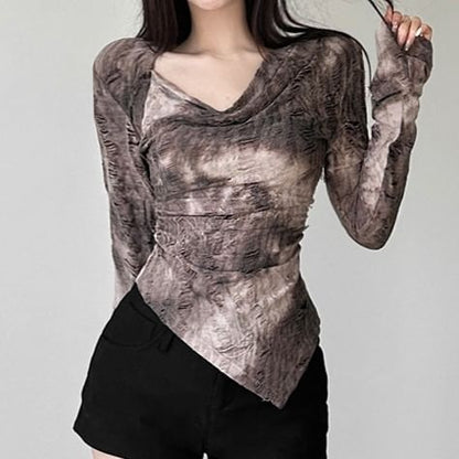 V-Neck Distressed Hem Tee Sleeve Long