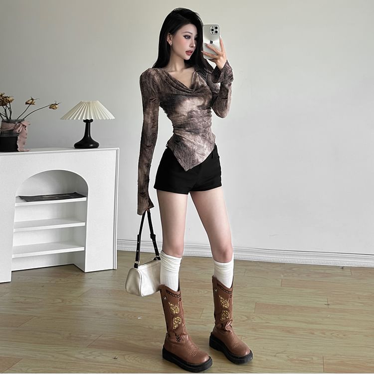 V-Neck Distressed Hem Tee Sleeve Long