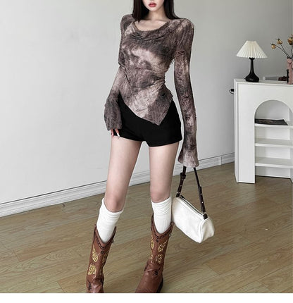 V-Neck Distressed Hem Tee Sleeve Long