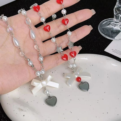 Faux Pearl Necklace Bow Heart