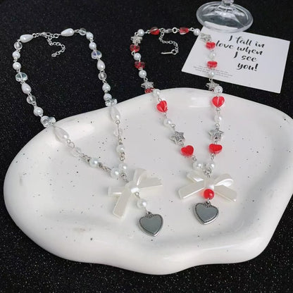 Faux Pearl Necklace Bow Heart