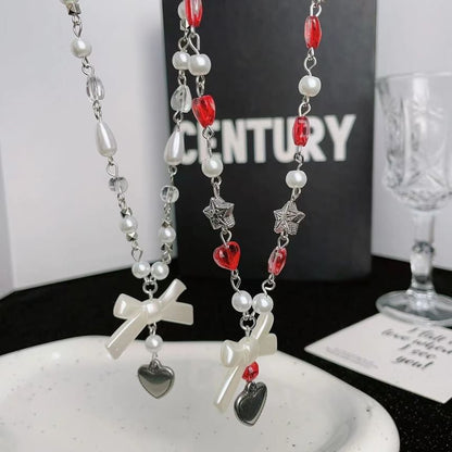 Faux Pearl Necklace Bow Heart