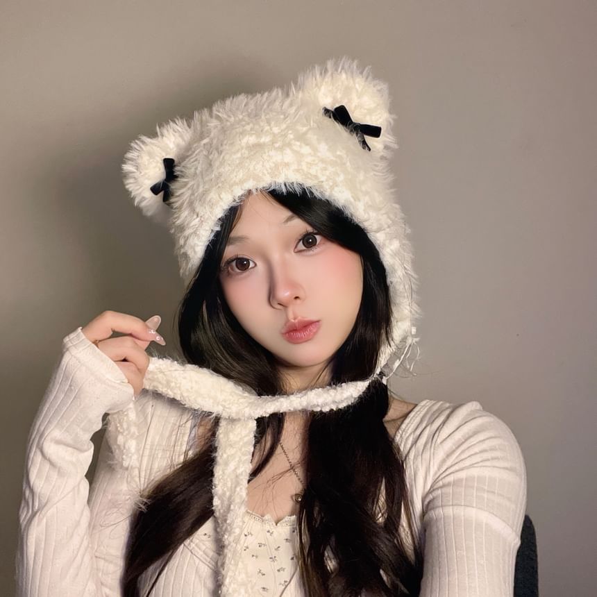 Bear Ear Ribbon Chenille Knit Hat