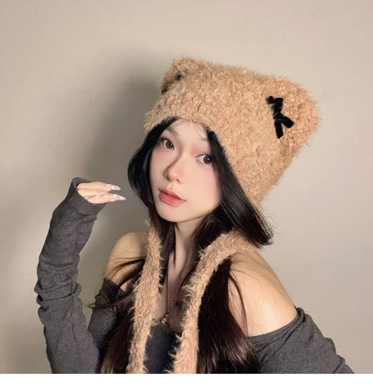 Bear Ear Ribbon Chenille Knit Hat