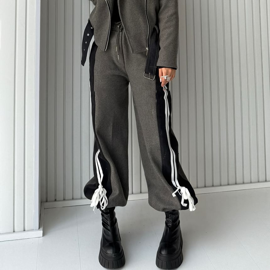 High Rise Color-Block Striped Bow Accent Denim Panel Loose-Fit Wide-Leg Sweatpants