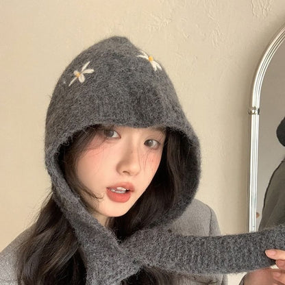 Knit Bonnet Embroidered Floral Hat