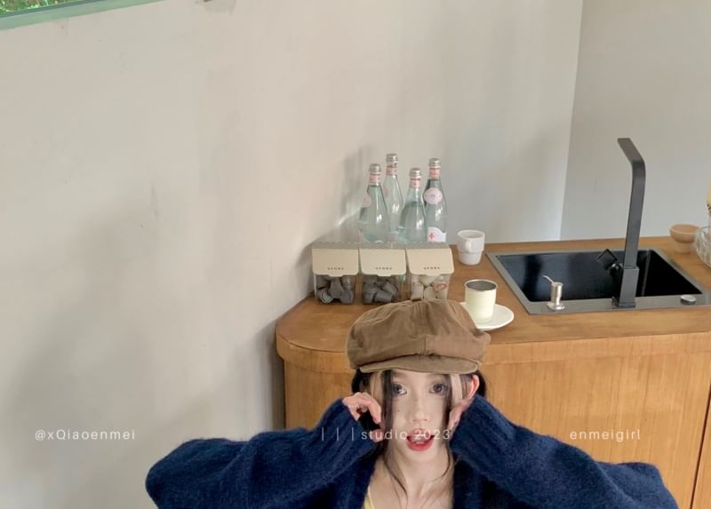 Sleeve Plaid Skirt Tee Mini / Mid Plain Cardigan Waist V-Neck Pleated Long