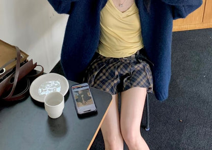 Sleeve Plaid Skirt Tee Mini / Mid Plain Cardigan Waist V-Neck Pleated Long
