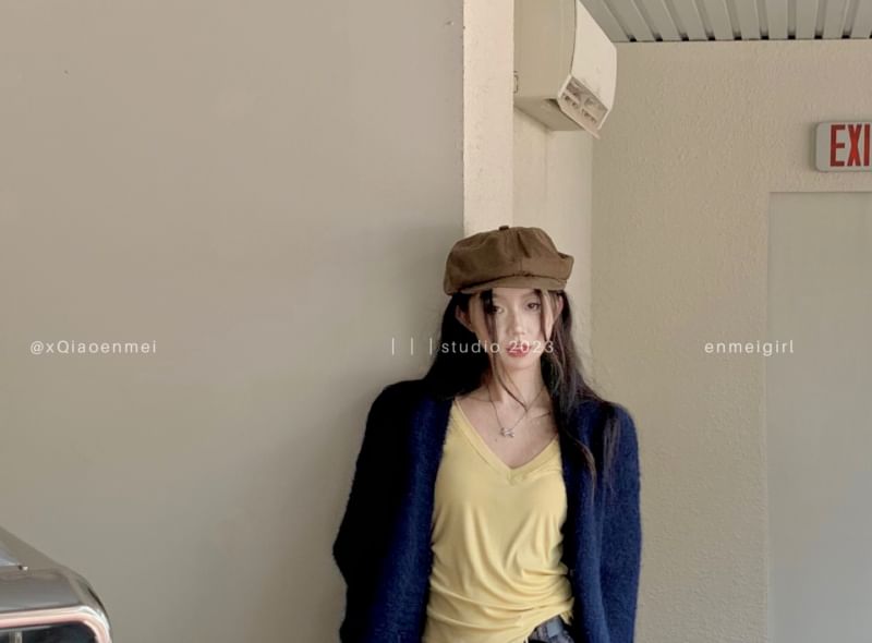 Sleeve Plaid Skirt Tee Mini / Mid Plain Cardigan Waist V-Neck Pleated Long