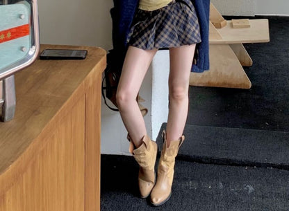 Sleeve Plaid Skirt Tee Mini / Mid Plain Cardigan Waist V-Neck Pleated Long