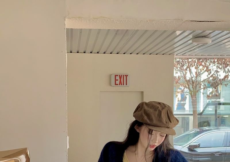 Sleeve Plaid Skirt Tee Mini / Mid Plain Cardigan Waist V-Neck Pleated Long