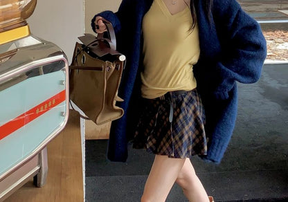 Sleeve Plaid Skirt Tee Mini / Mid Plain Cardigan Waist V-Neck Pleated Long