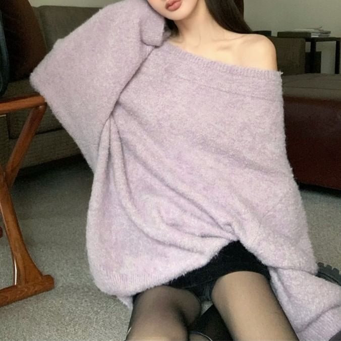 Plain / Off Sweater Belt Drop Oversized Shoulder