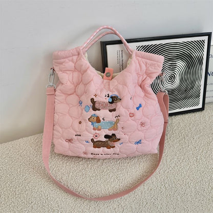 Cartoon Embroidered Heart Quilted Tote Bag