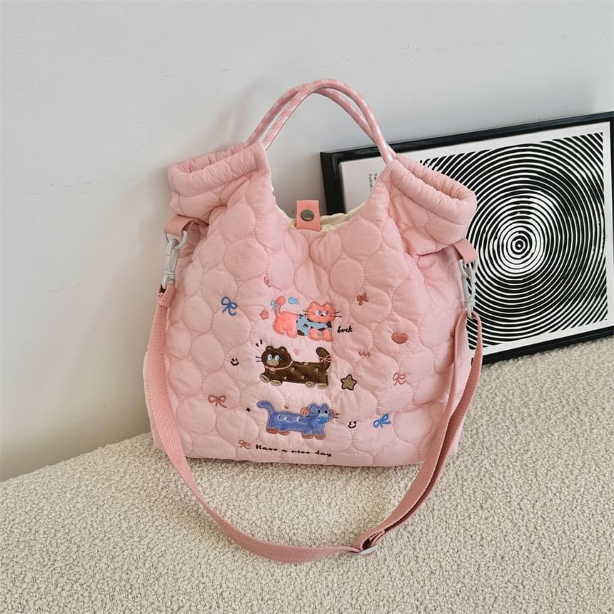 Cartoon Embroidered Heart Quilted Tote Bag