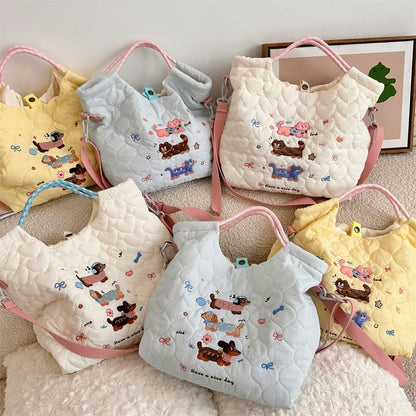 Cartoon Embroidered Heart Quilted Tote Bag