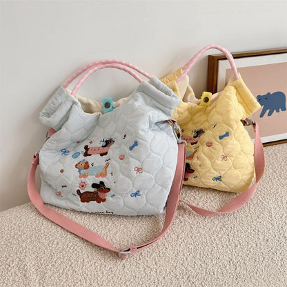 Cartoon Embroidered Heart Quilted Tote Bag