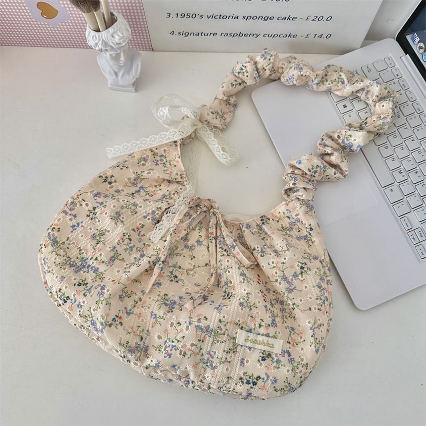 Floral Applique Ruched Strap Shoulder Bag