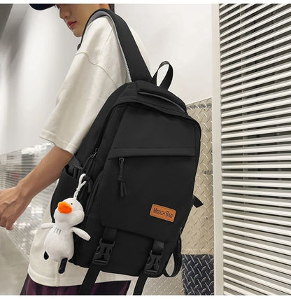 Set Nylon Plain Bag Laptop Buckled Charm Backpack /