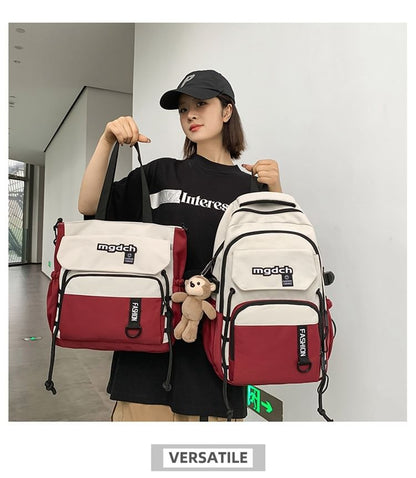 / Charm Tone Laptop Two Set Bag Lettering Nylon Print Tote Backpack