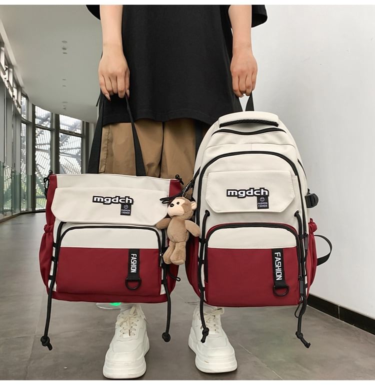 / Charm Tone Laptop Two Set Bag Lettering Nylon Print Tote Backpack