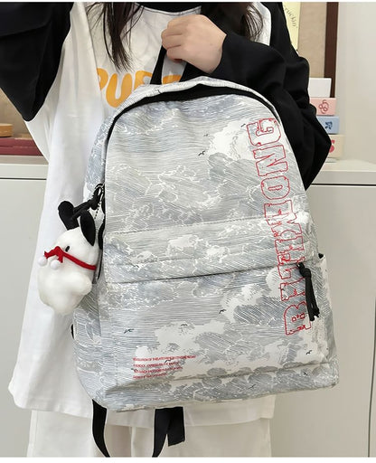 Backpack Print Lettering Charm Bag Laptop Nylon / Set