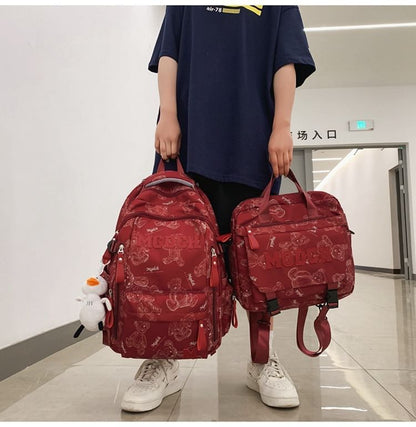 Nylon Set Backpack Applique Laptop / Bag Tote Bear Charm Lettering Print