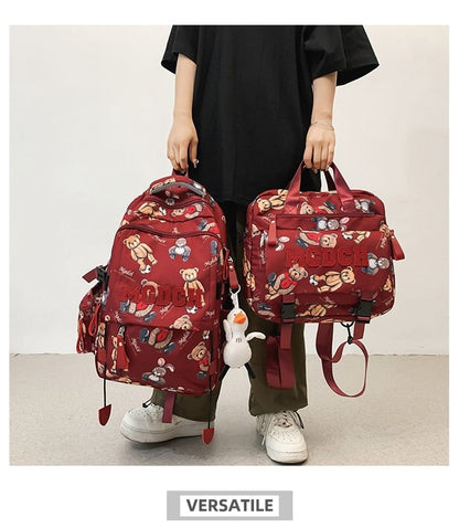 Bear Charm Lettering Nylon Tote Bag Applique Set Print Backpack / Laptop