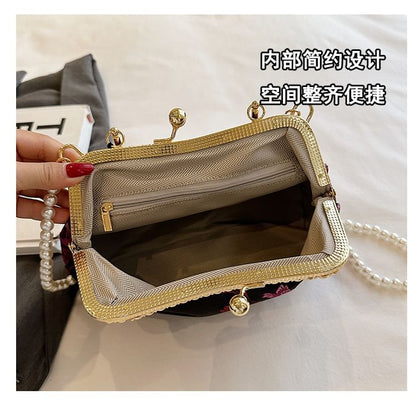 Bag Faux Kiss Embroidered Tassel Strap Pearl Crossbody Floral Lock