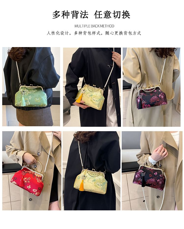 Bag Faux Kiss Embroidered Tassel Strap Pearl Crossbody Floral Lock