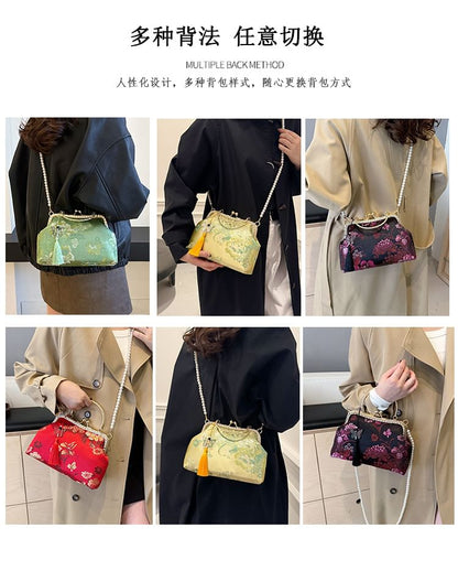 Bag Faux Kiss Embroidered Tassel Strap Pearl Crossbody Floral Lock