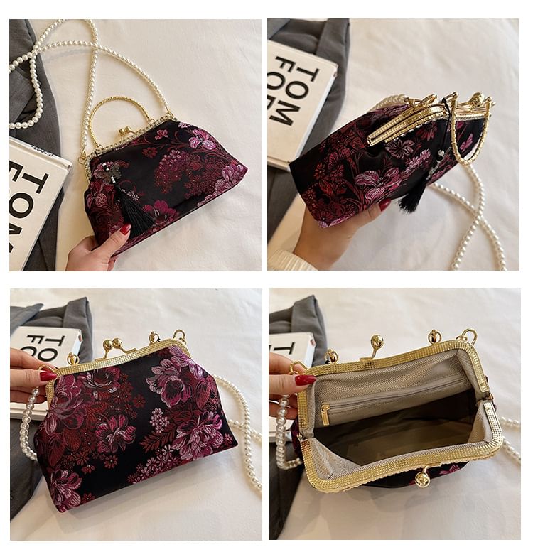 Bag Faux Kiss Embroidered Tassel Strap Pearl Crossbody Floral Lock