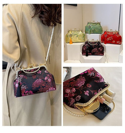 Bag Faux Kiss Embroidered Tassel Strap Pearl Crossbody Floral Lock