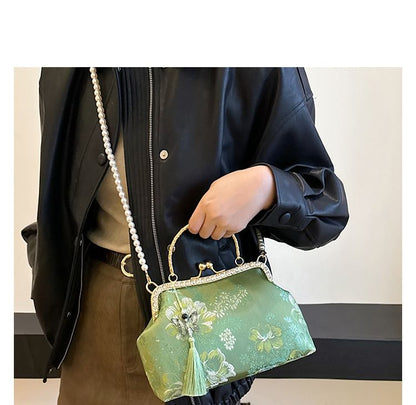 Bag Faux Kiss Embroidered Tassel Strap Pearl Crossbody Floral Lock