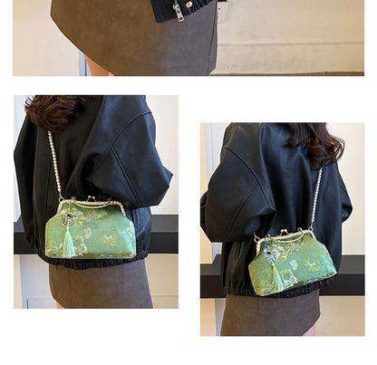 Bag Faux Kiss Embroidered Tassel Strap Pearl Crossbody Floral Lock