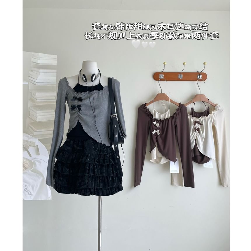 / Top Long-Sleeve Mini Asymmetrical Halter Crop Neck Square Set Skirt A-Line