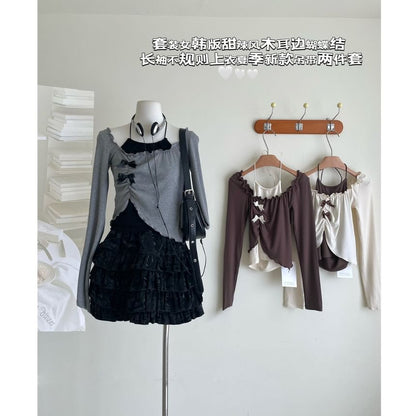 / Top Long-Sleeve Mini Asymmetrical Halter Crop Neck Square Set Skirt A-Line