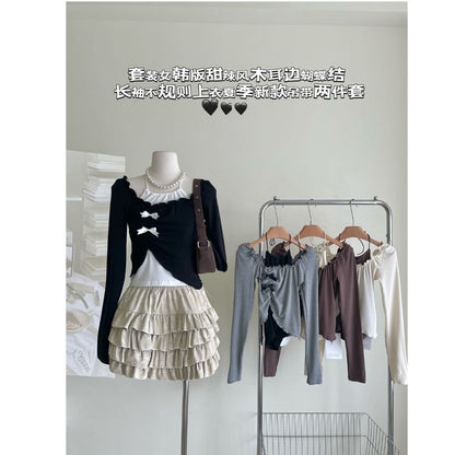 / Top Long-Sleeve Mini Asymmetrical Halter Crop Neck Square Set Skirt A-Line