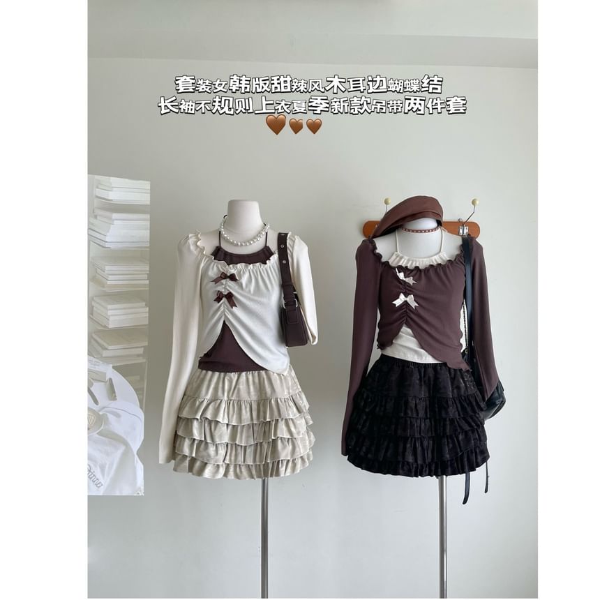 / Top Long-Sleeve Mini Asymmetrical Halter Crop Neck Square Set Skirt A-Line