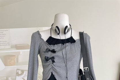 / Top Long-Sleeve Mini Asymmetrical Halter Crop Neck Square Set Skirt A-Line