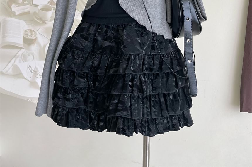 / Top Long-Sleeve Mini Asymmetrical Halter Crop Neck Square Set Skirt A-Line