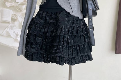 / Top Long-Sleeve Mini Asymmetrical Halter Crop Neck Square Set Skirt A-Line