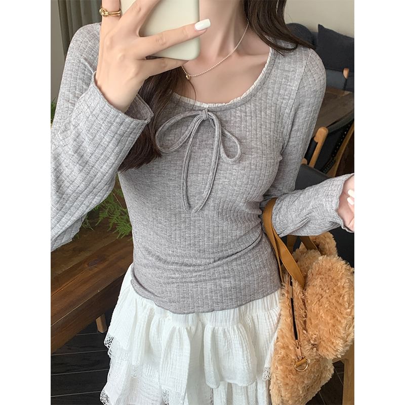 Long-Sleeve Round Neck Plain Bow Accent Frill Trim Slim Fit T-Shirt