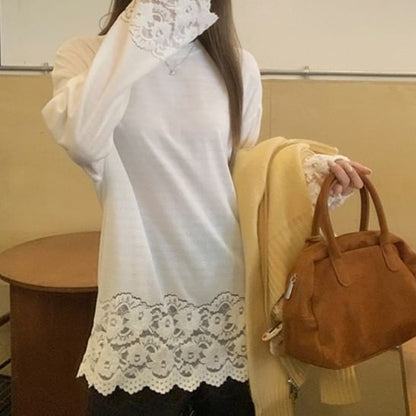 Long-Sleeve Round Neck Plain Lace Panel T-Shirt