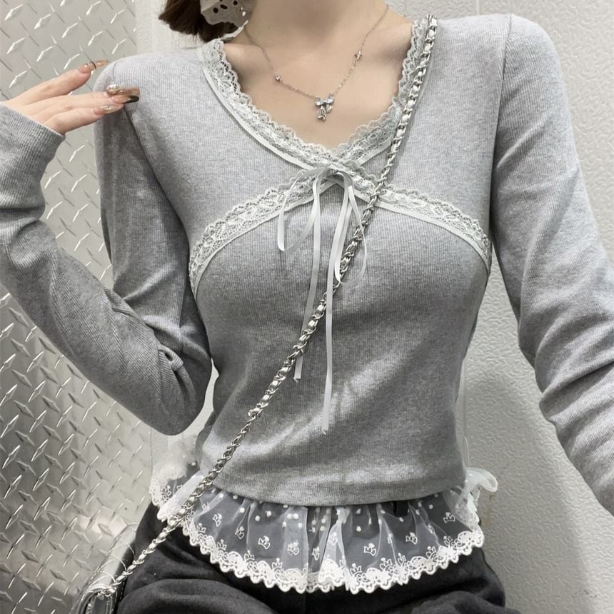 Long-Sleeve V-Neck Plain Lace Trim Tie Front Slim Fit Crop T-Shirt