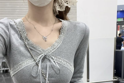 Long-Sleeve V-Neck Plain Lace Trim Tie Front Slim Fit Crop T-Shirt